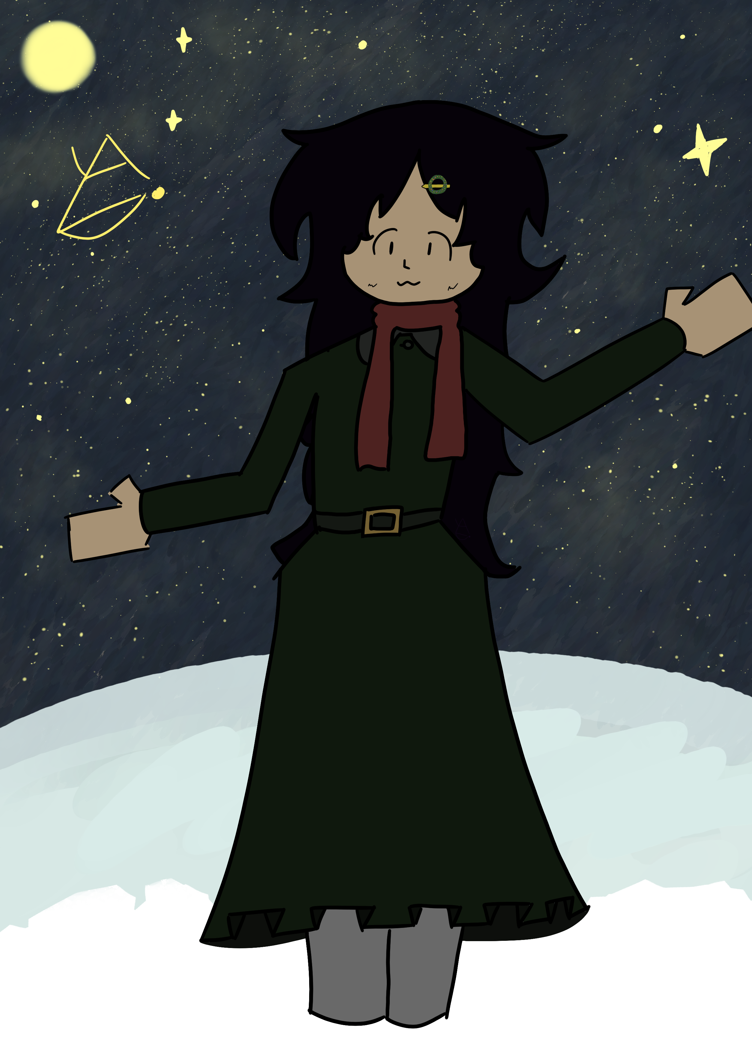 Image of Lydia in the snow with a green coat-like dress and a red dress.