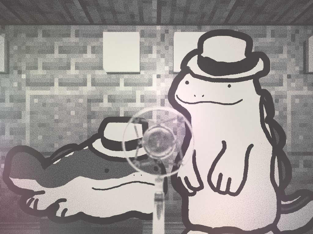 Image of a quaqsire and clodsire in front of a minecraft stage wearing hats with sepia colour.