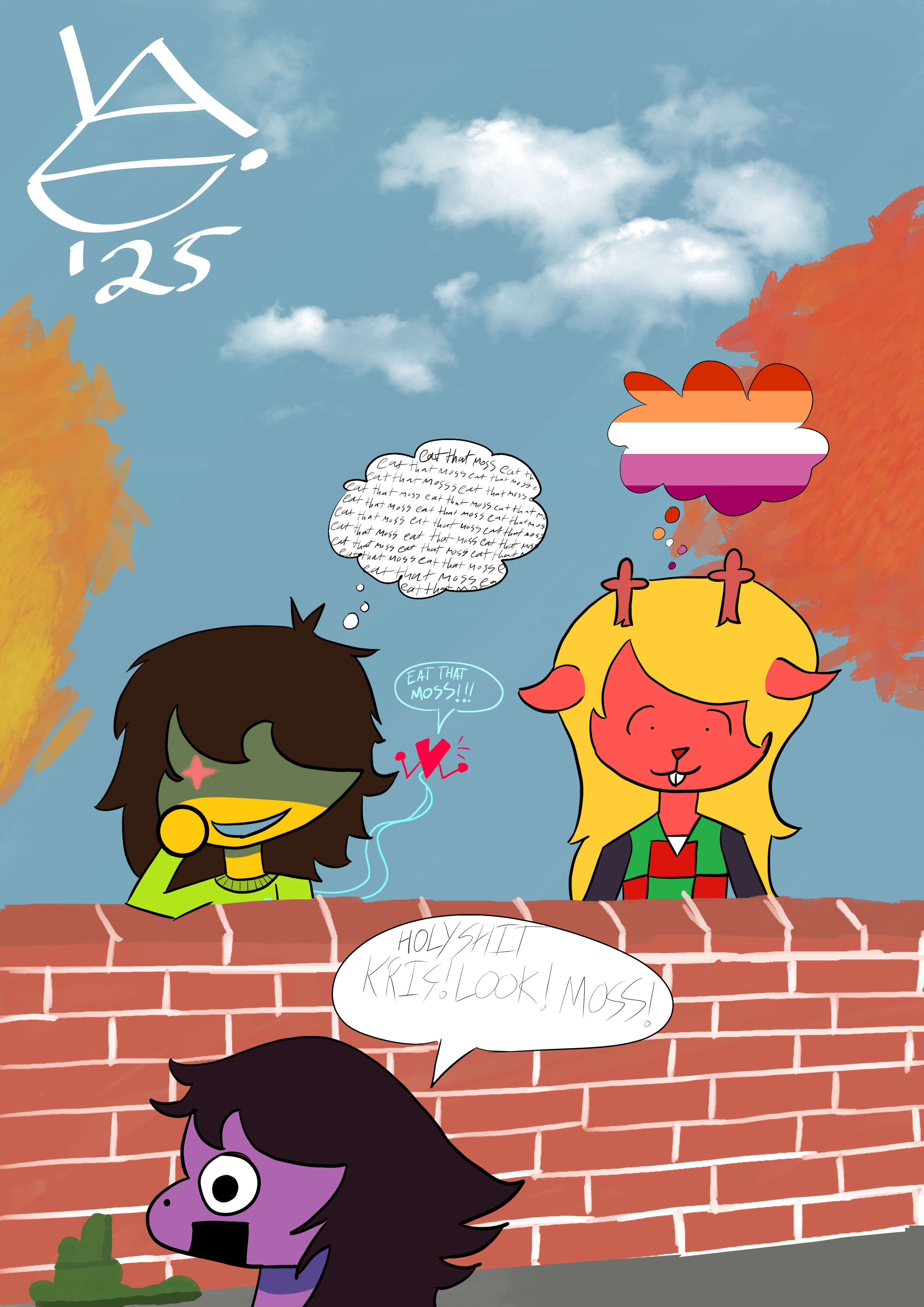 Image of Kris, Susie, & Noelle. Noelle is flustered while looking at Susie, of whom is suprised by moss on the ground as Kris and The Player both want to eat the moss. 