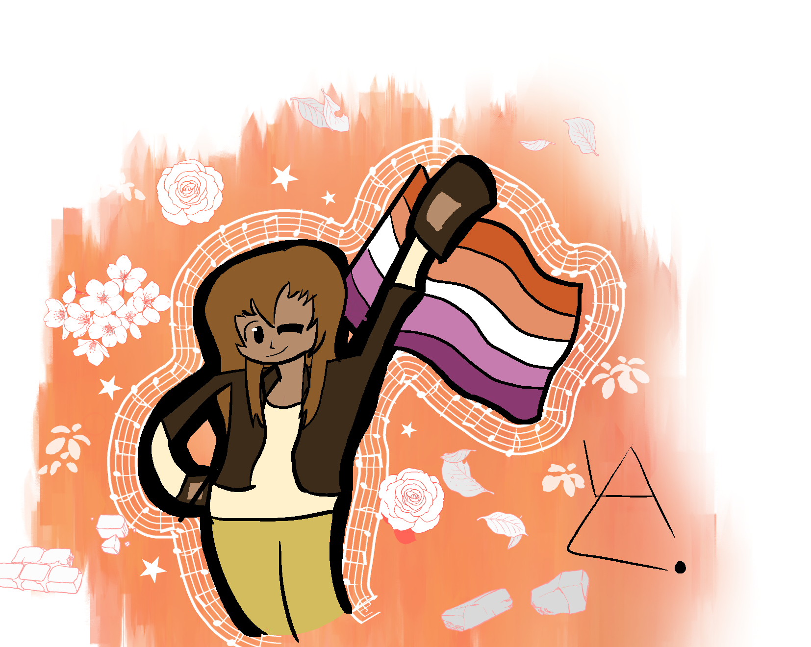 Image of Fiona from Dino Squad with a Lesbian pride flag