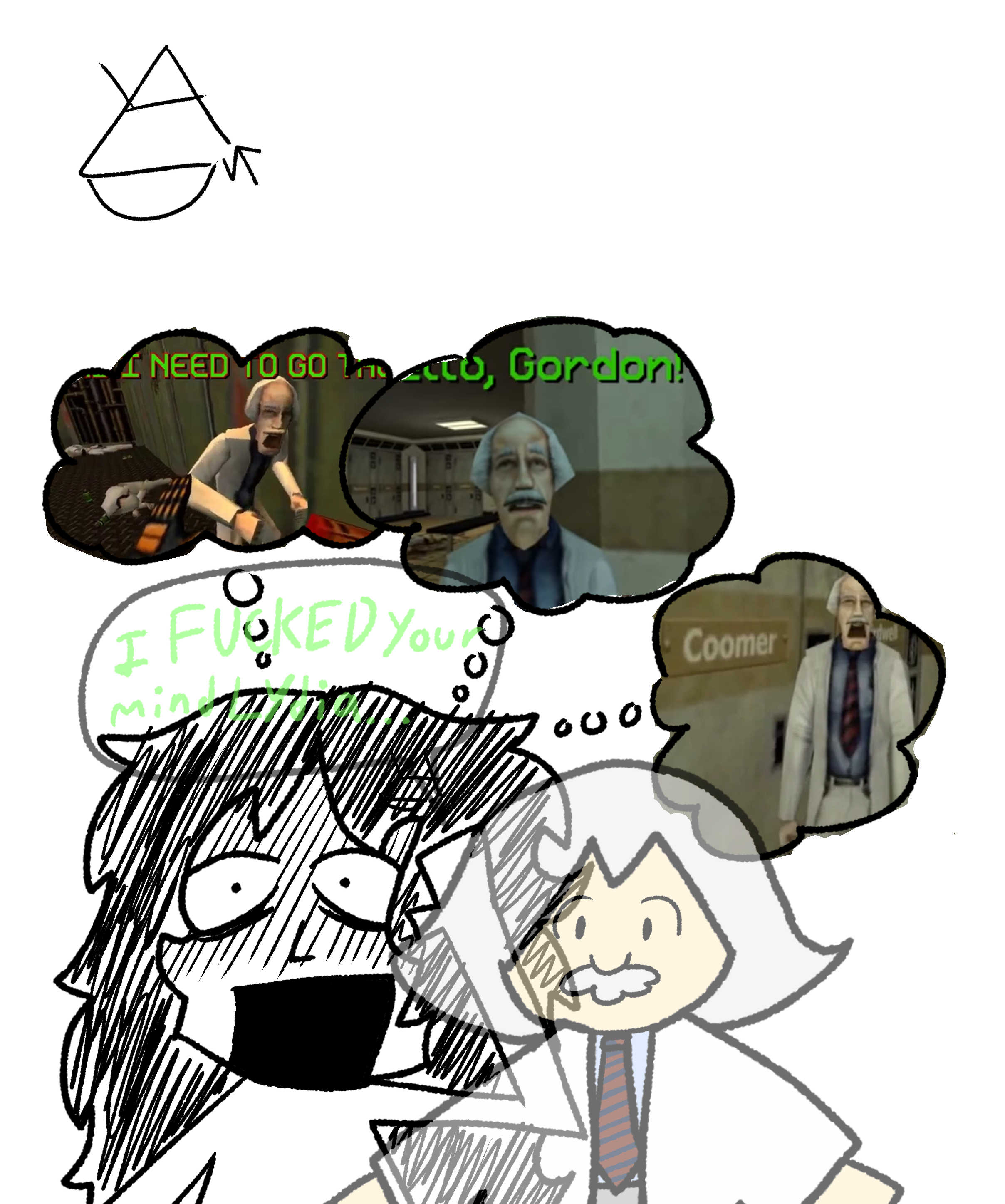 Image of Lydia in shock as Dr. Harold Coomer says: I FUCKED your mind Lydia... as thought bubbles of moments from the webseries titled: Half Life VR but the AI is self aware, also known as Half Life VR AI by WayneRadioTV/Radio TV Solutions 