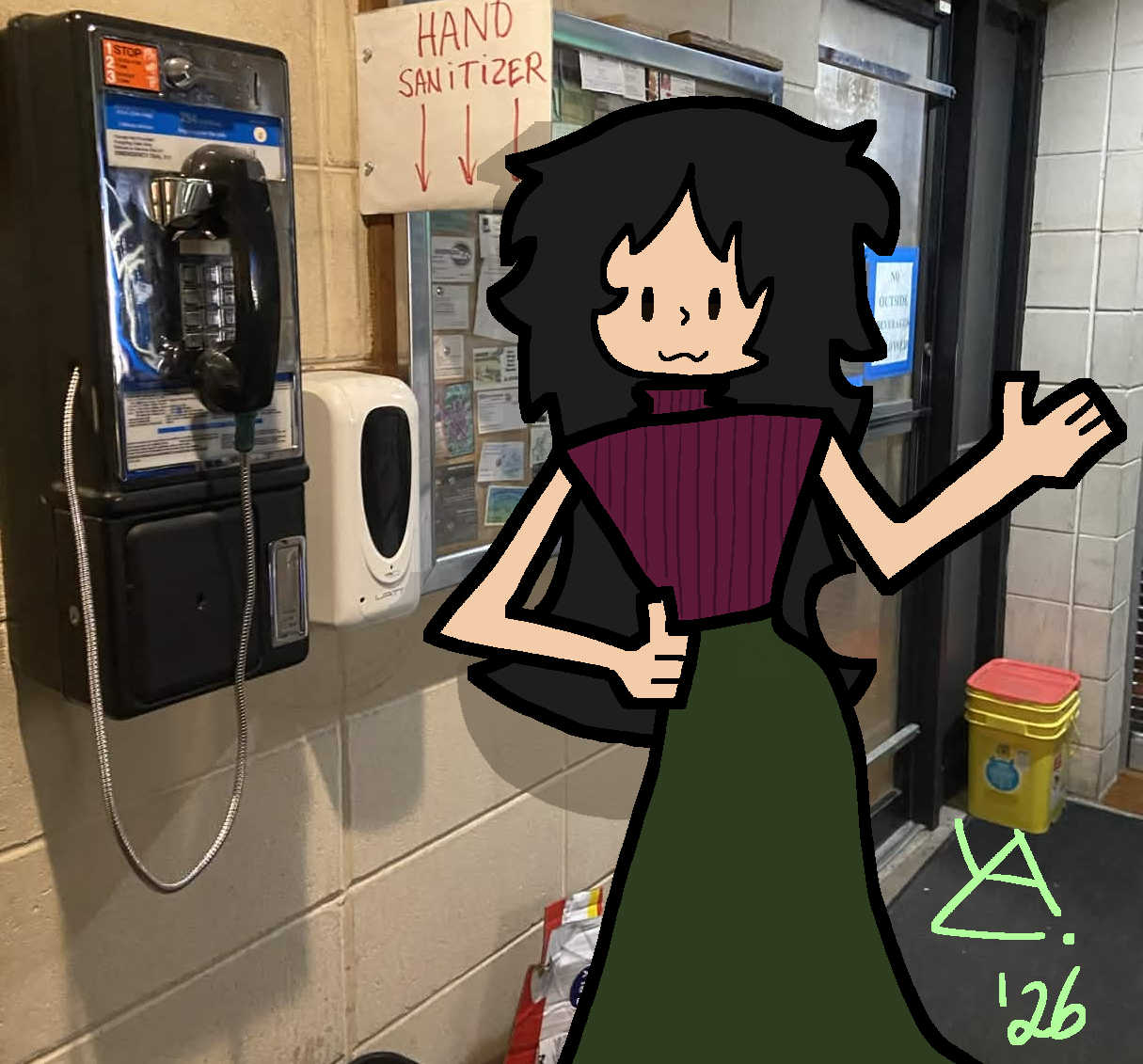 Image of Lydia standing next to a pay phone in a lit hallway