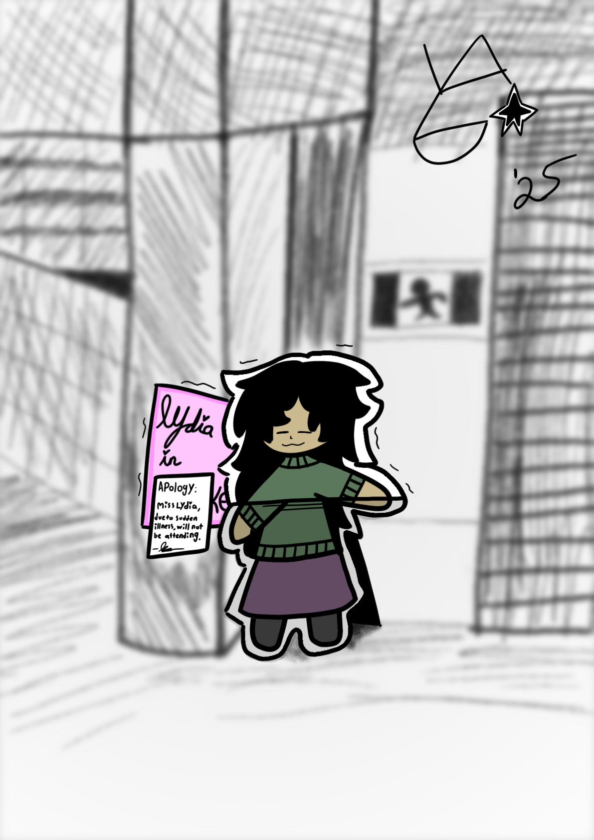 Image of Lydia in the style of a frame from Lucky Star Episode 12 when Akira Kogami was replaced with a cardboard cutout